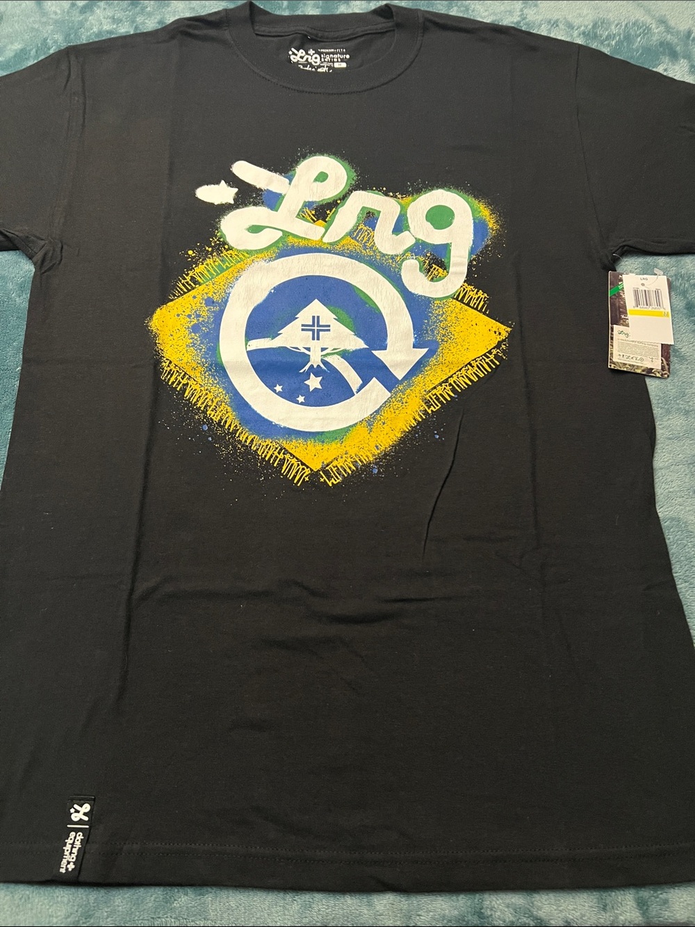 LRG Black Short-Sleeve Tee with Yellow, Blue and White Graphic NWT